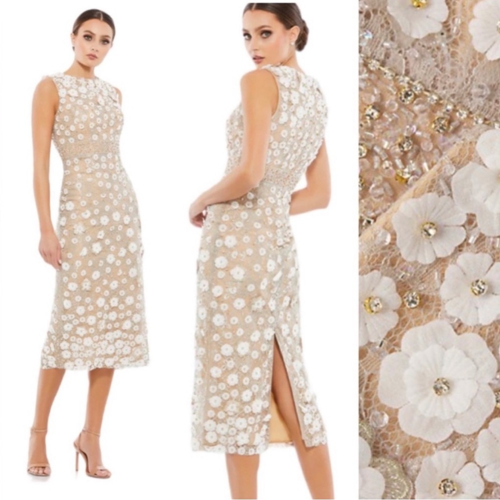 Mac Duggal Floral Applique Crew Neck Sleeveless Midi Dress 67853